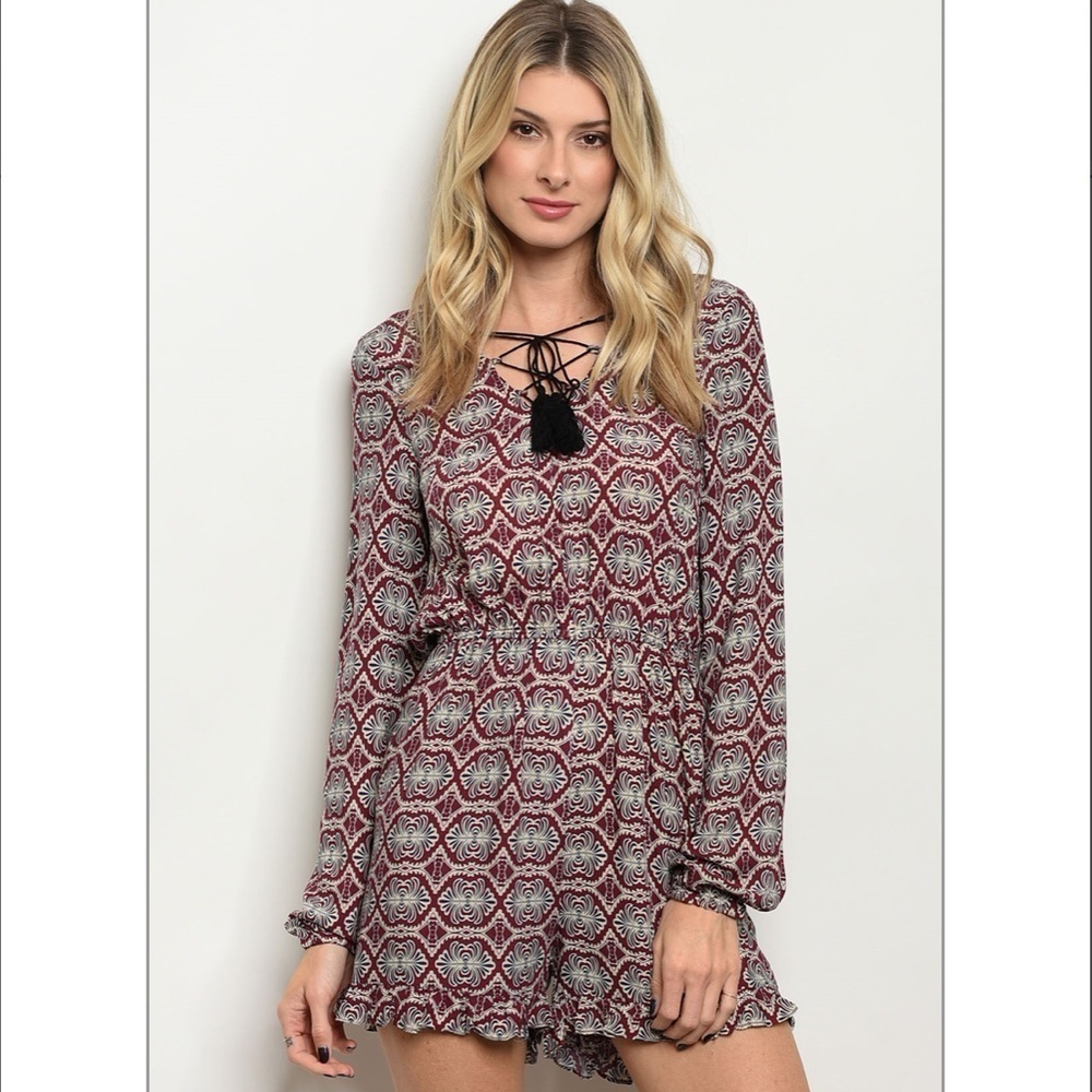 JULY 4th Navy & Burgundy Floral Lace Up Romper